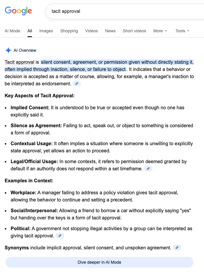 [screenshot: google search - tacit approval