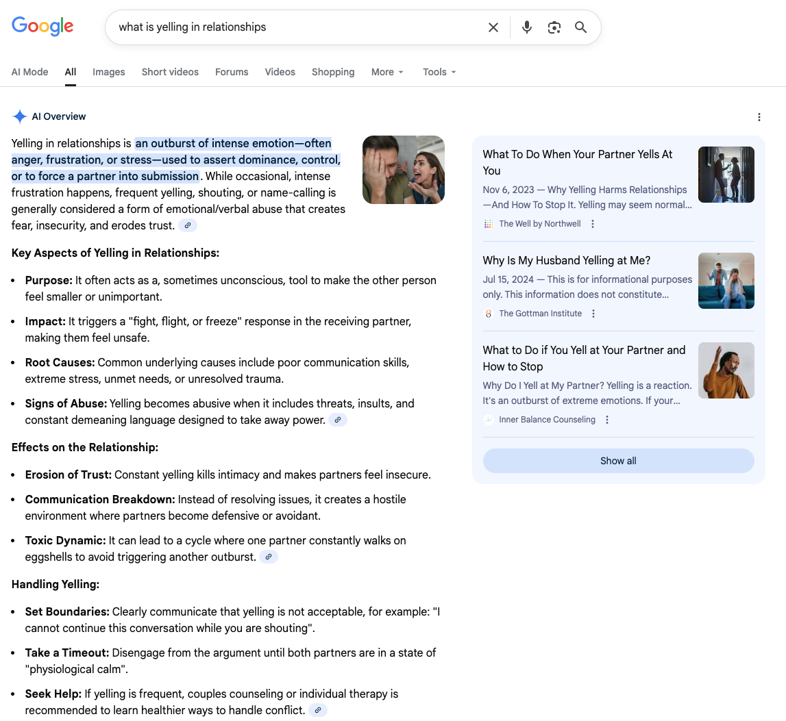 [screenshot: google search - what is yelling in relationships
